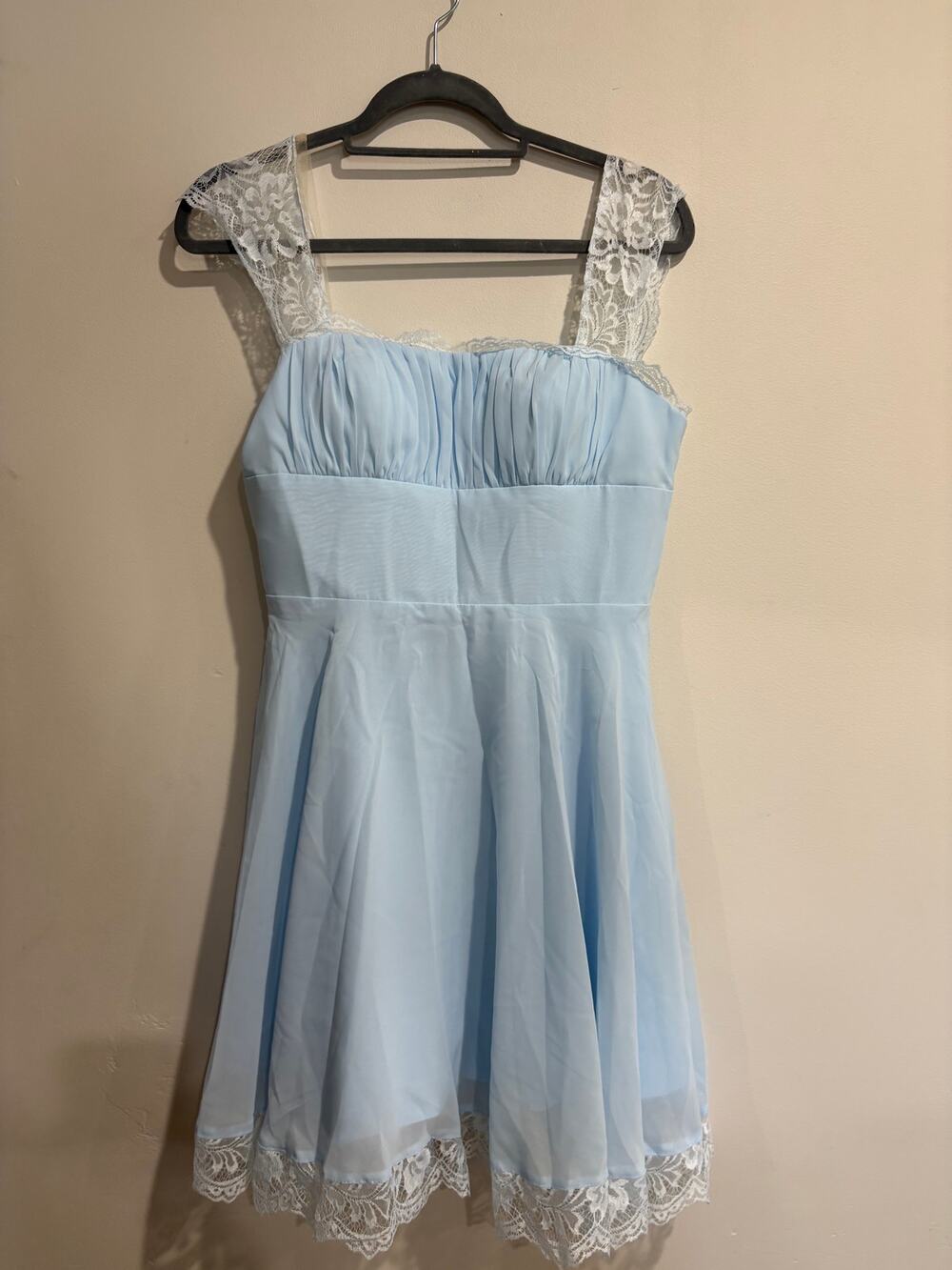NWT JJ's House A-line Square Pleated Chiffon Homecoming Mini Dress Sky Blue US 4